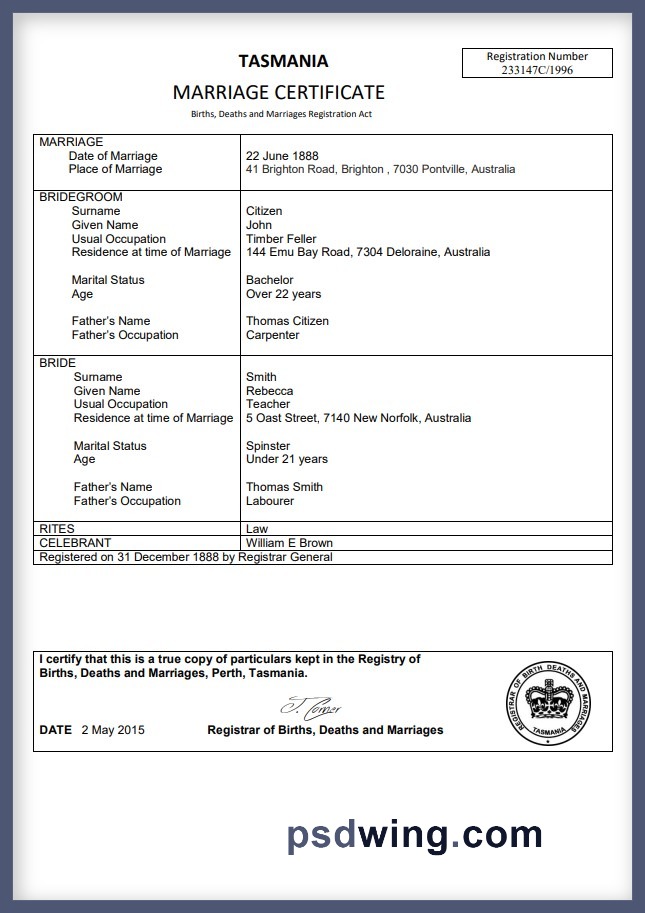 Australia Tasmania Marriage Certificate (Word)